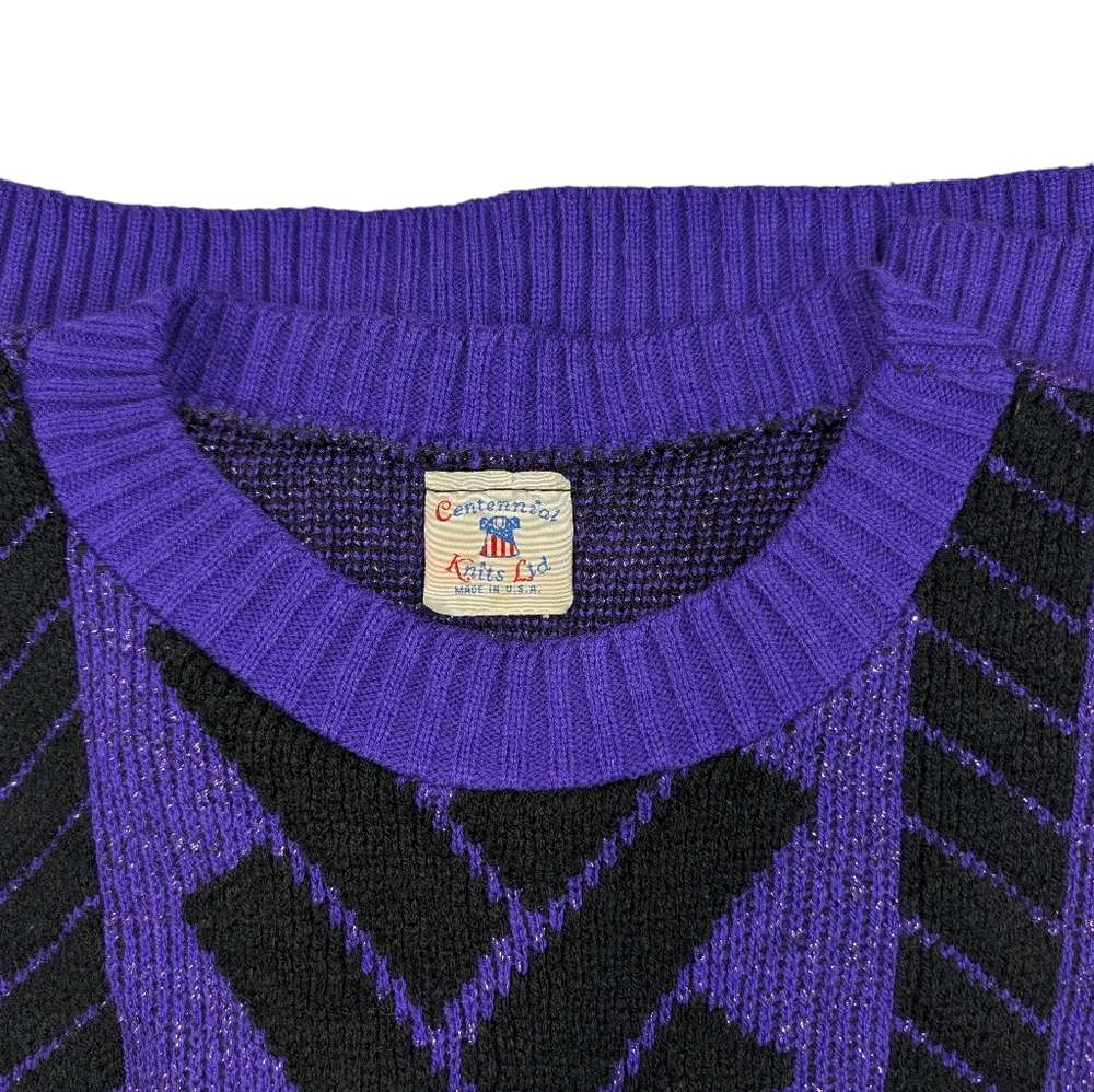 Vintage purple/metallic sweater W black geometric. Centennial Knits Ltd. Lg - Picture 10 of 14